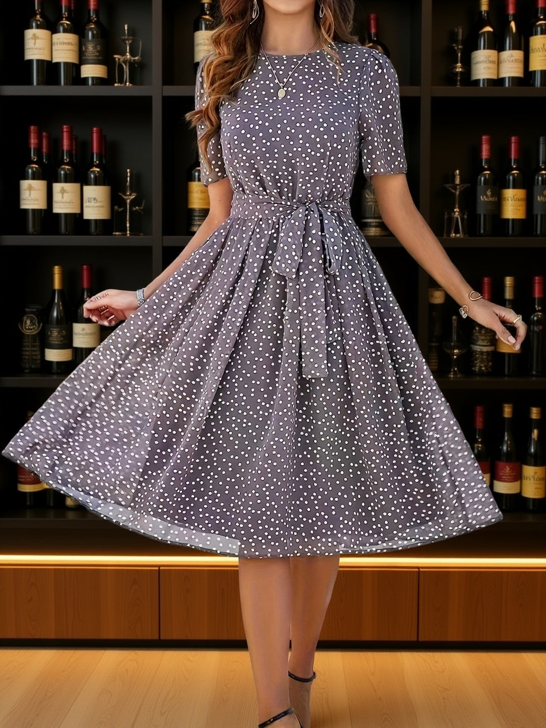 Polka Dot Short Sleeve Midi Dress with Tie Waist