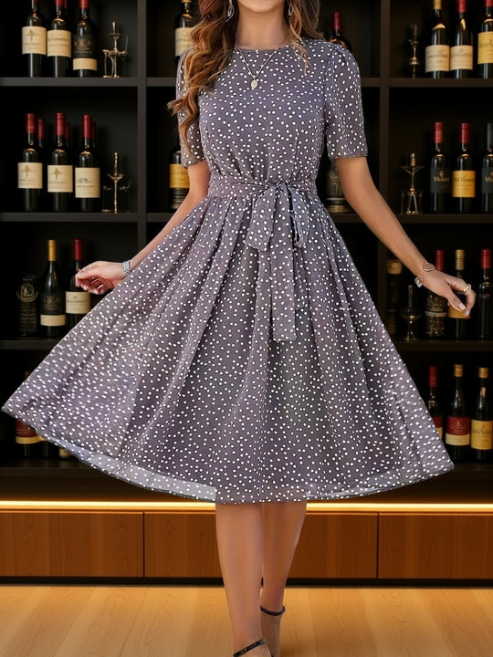 Polka Dot Short Sleeve Midi Dress with Tie Waist
