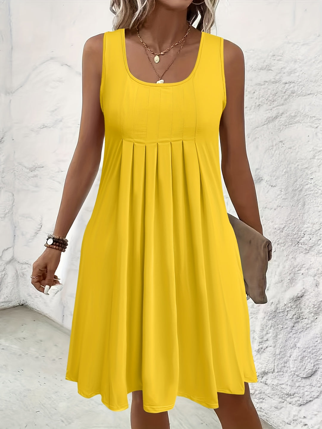 Casual Pleated Front Sleeveless Mini Dress