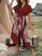 Collared V-Neck Button Down Summer Maxi Dress