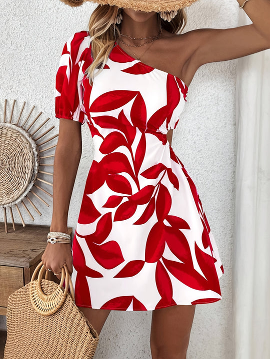 One Shoulder Tropical Print Mini Dress