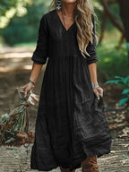 Bohemian V-Neck Textured Tiered Maxi Dress