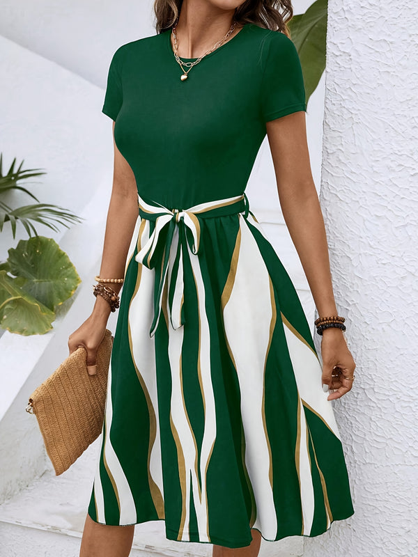 Casual Crew Neck Tie Waist Flared Midi Dress