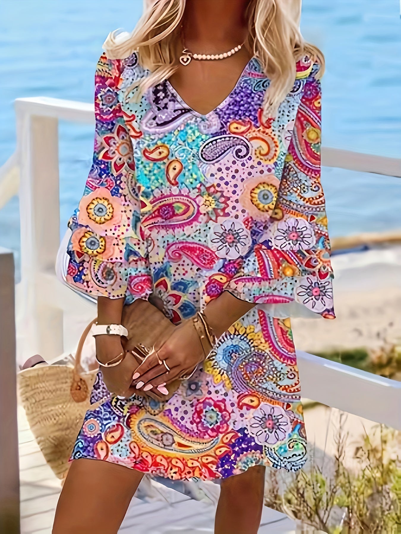 Floral Paisley 3/4 Sleeve Flowy Boho Dress