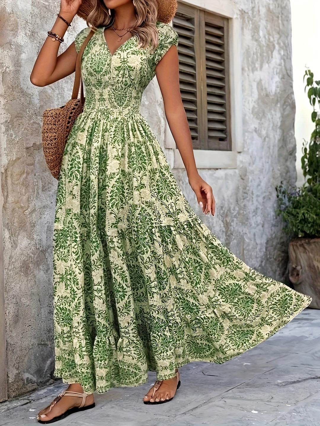 Ornate Print Tiered Smocked Boho Summer Dress