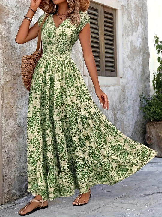 Ornate Print Tiered Smocked Boho Summer Dress