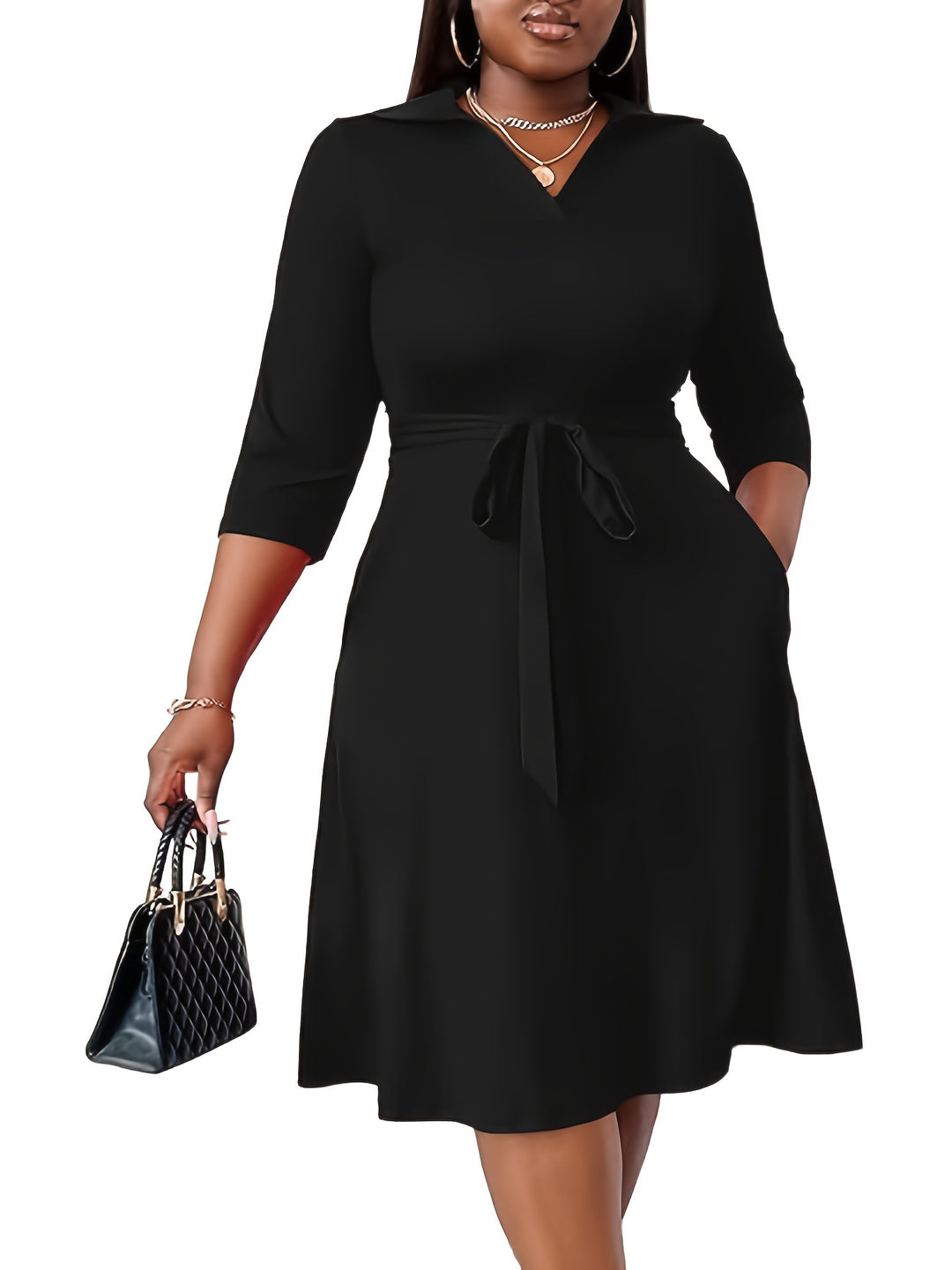 Plus Size V-Neck Casual Cinched Midi Dress