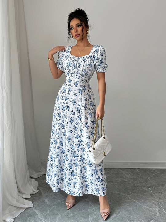 Square Neck Puff Sleeve Floral Maxi Dress