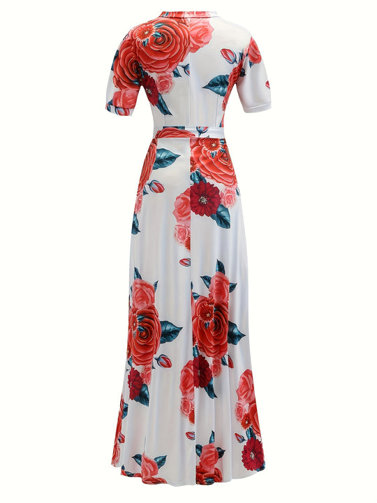 Elegant Rose Print Tie Waist Maxi