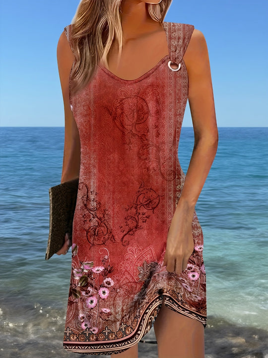 Vintage Paisley Print Metal Ring Dress