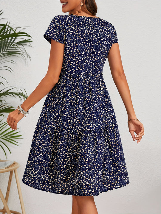 Casual Floral Round Neck Tiered Dress