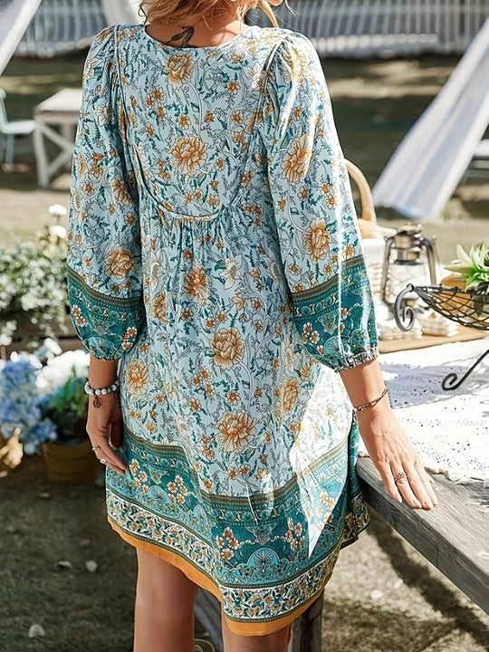 Mixed Floral Print Long Sleeve Boho Dress