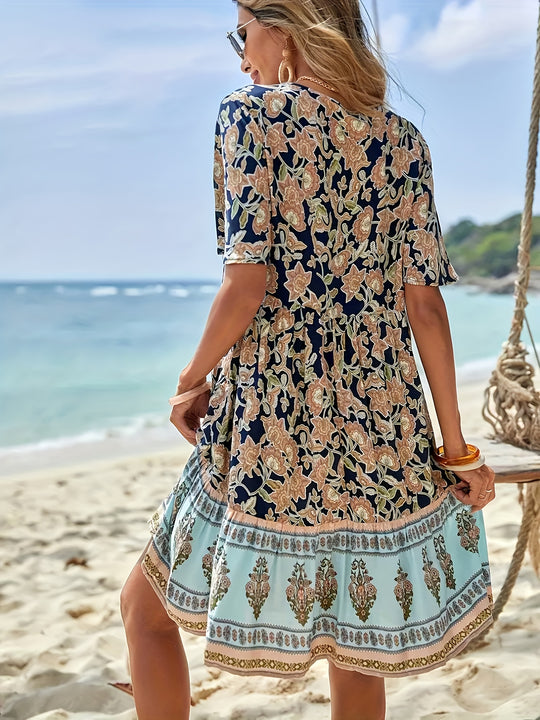 Mixed Print Short Sleeve Bohemian Summer Dress