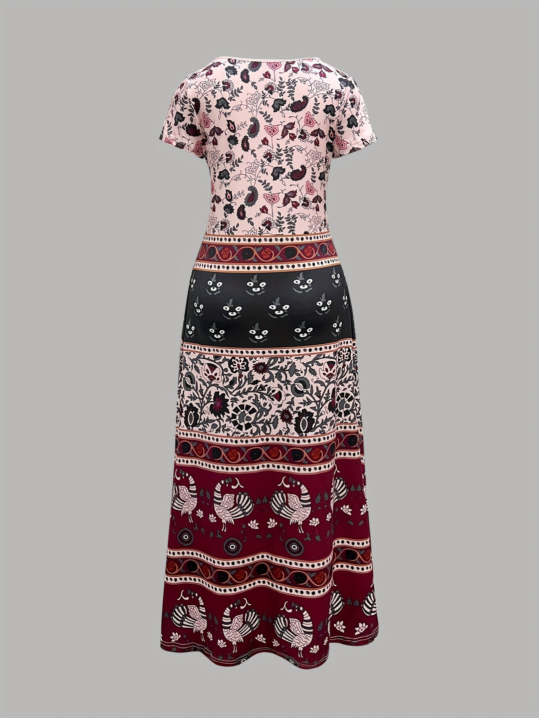 Bohemian V-Neck Mixed Print Maxi Dress