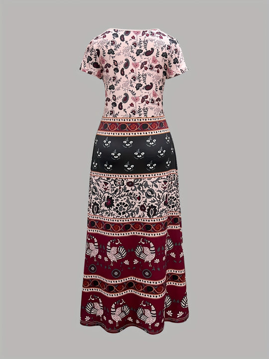 Bohemian V-Neck Mixed Print Maxi Dress
