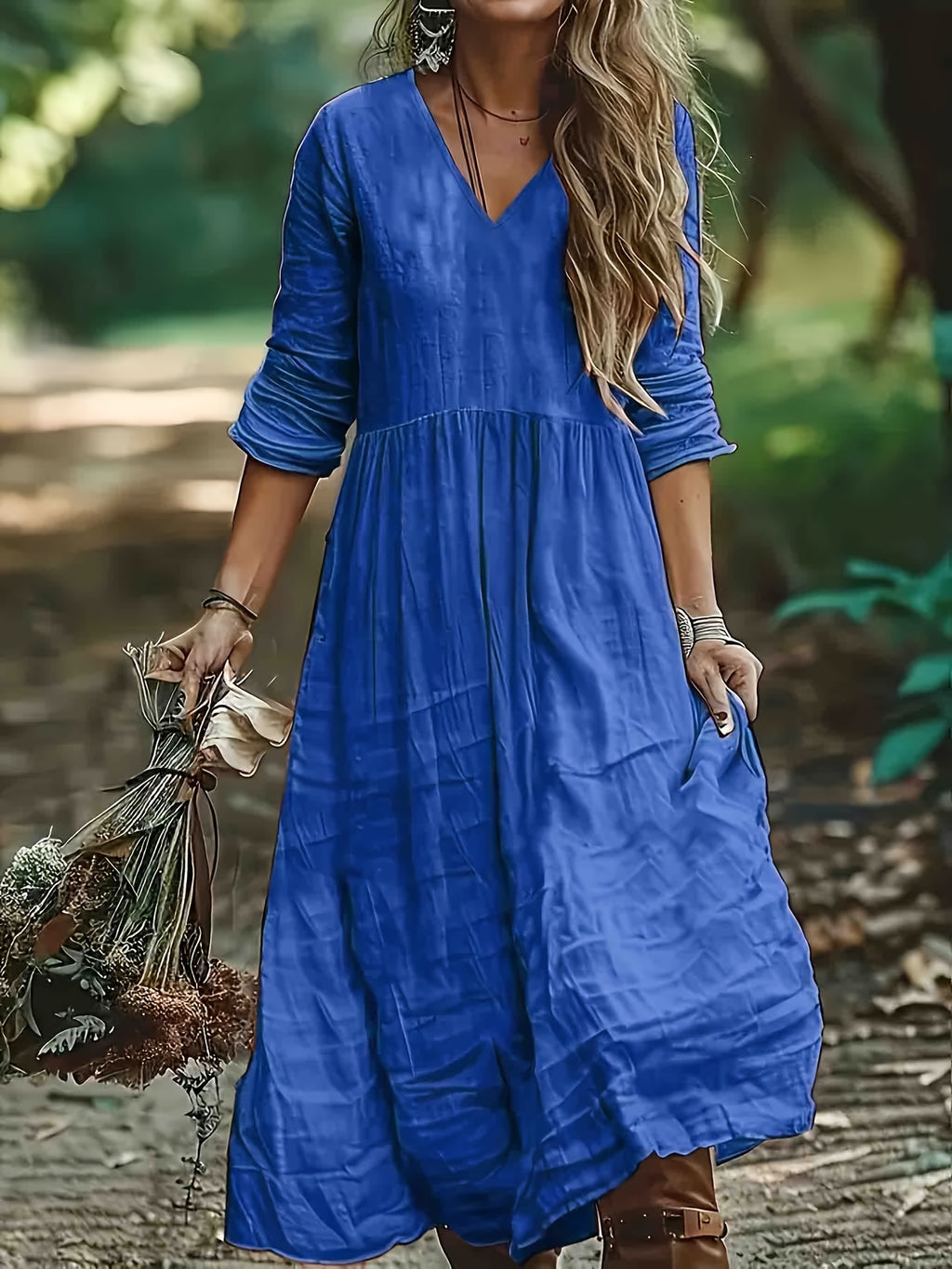 Bohemian V-Neck Textured Tiered Maxi Dress