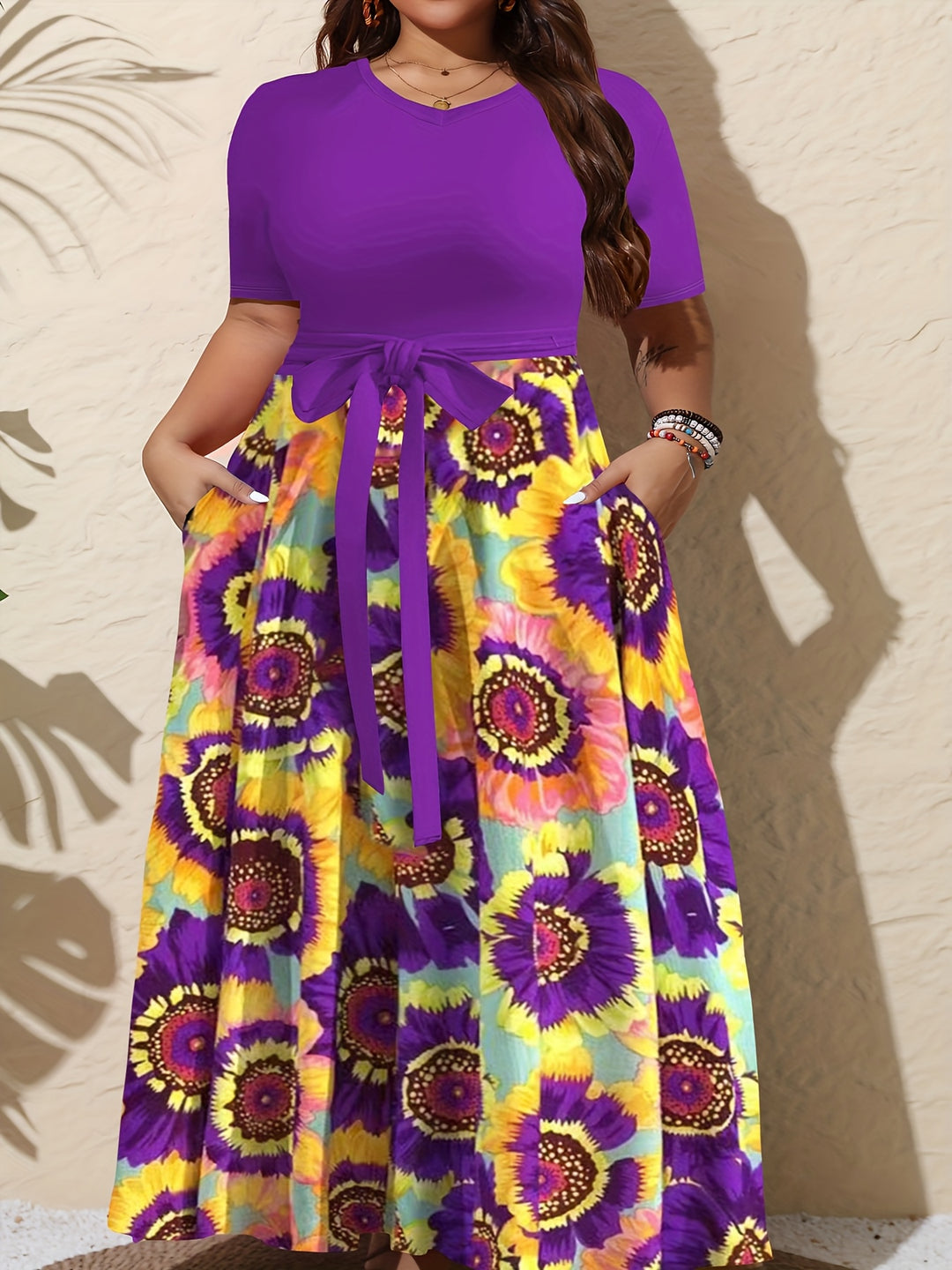 Floral Tie-Waist Maxi Pocket Dress - Plus Size