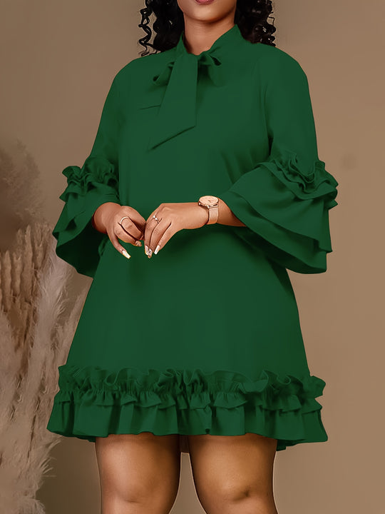Bow Tie Neck Ruffle Sleeve Bohemian Short Dress - Plus Size