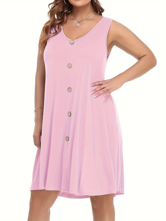 Plus Size Sleeveless Button Front Pocket Boho Summer Dress