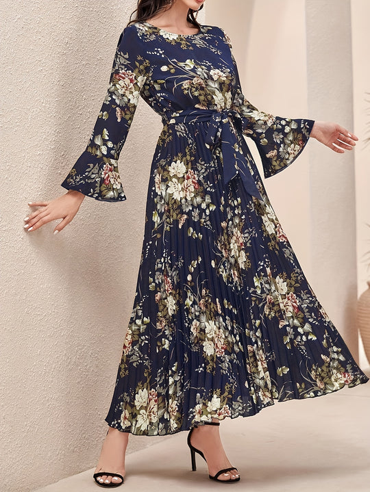 Elegant Floral Pleated Long Sleeve Maxi Dress