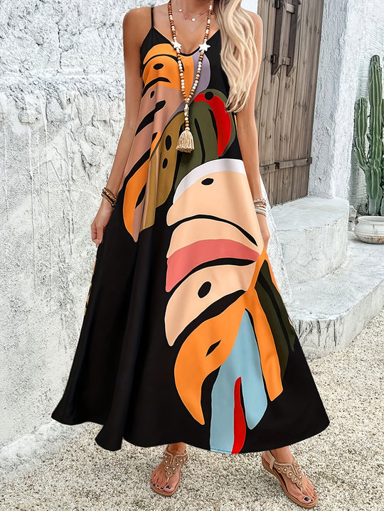 Tropical Leaf Print Sleeveless Maxi Dress
