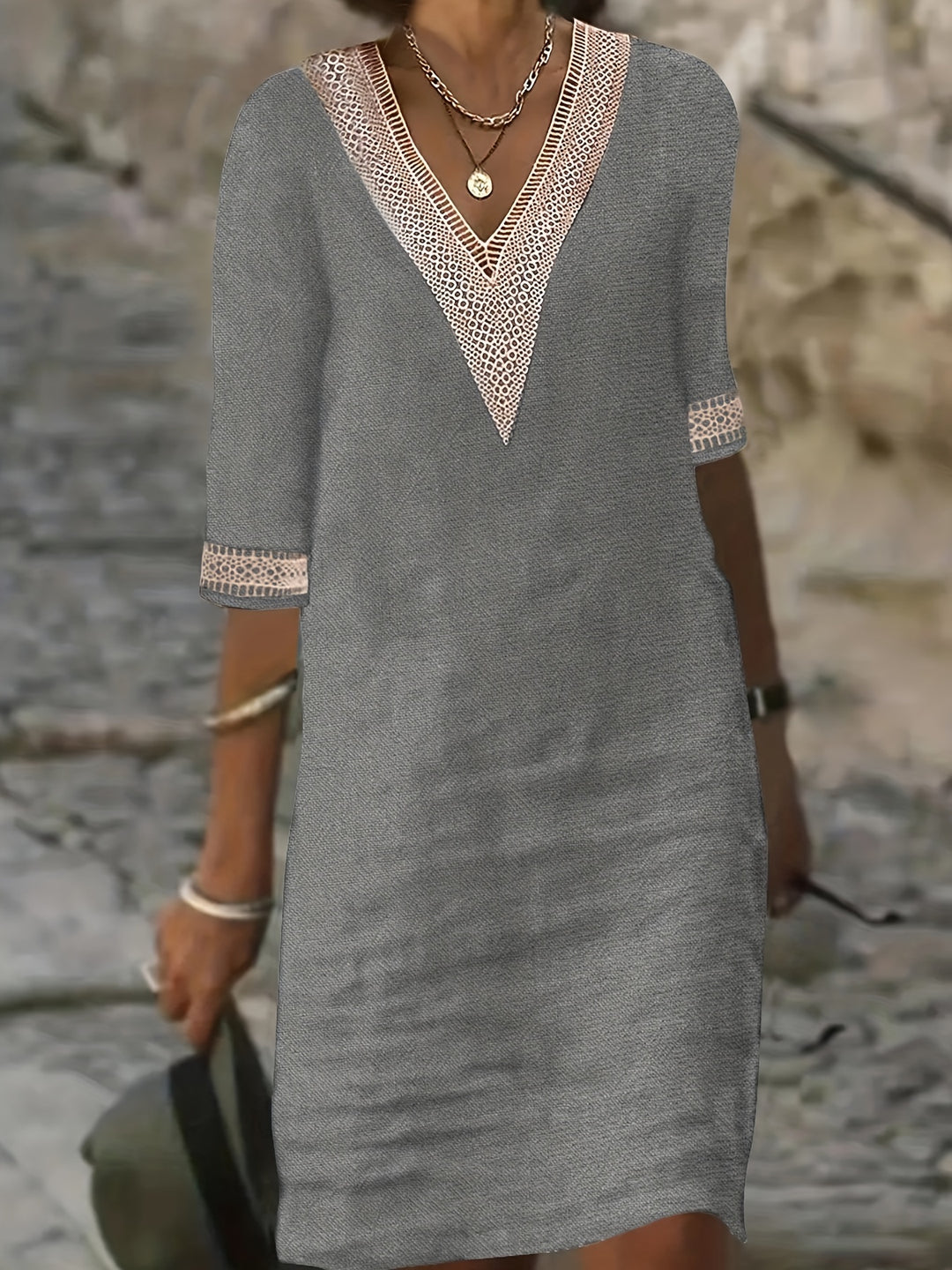 Casual Half Sleeve Lace Insert Dress