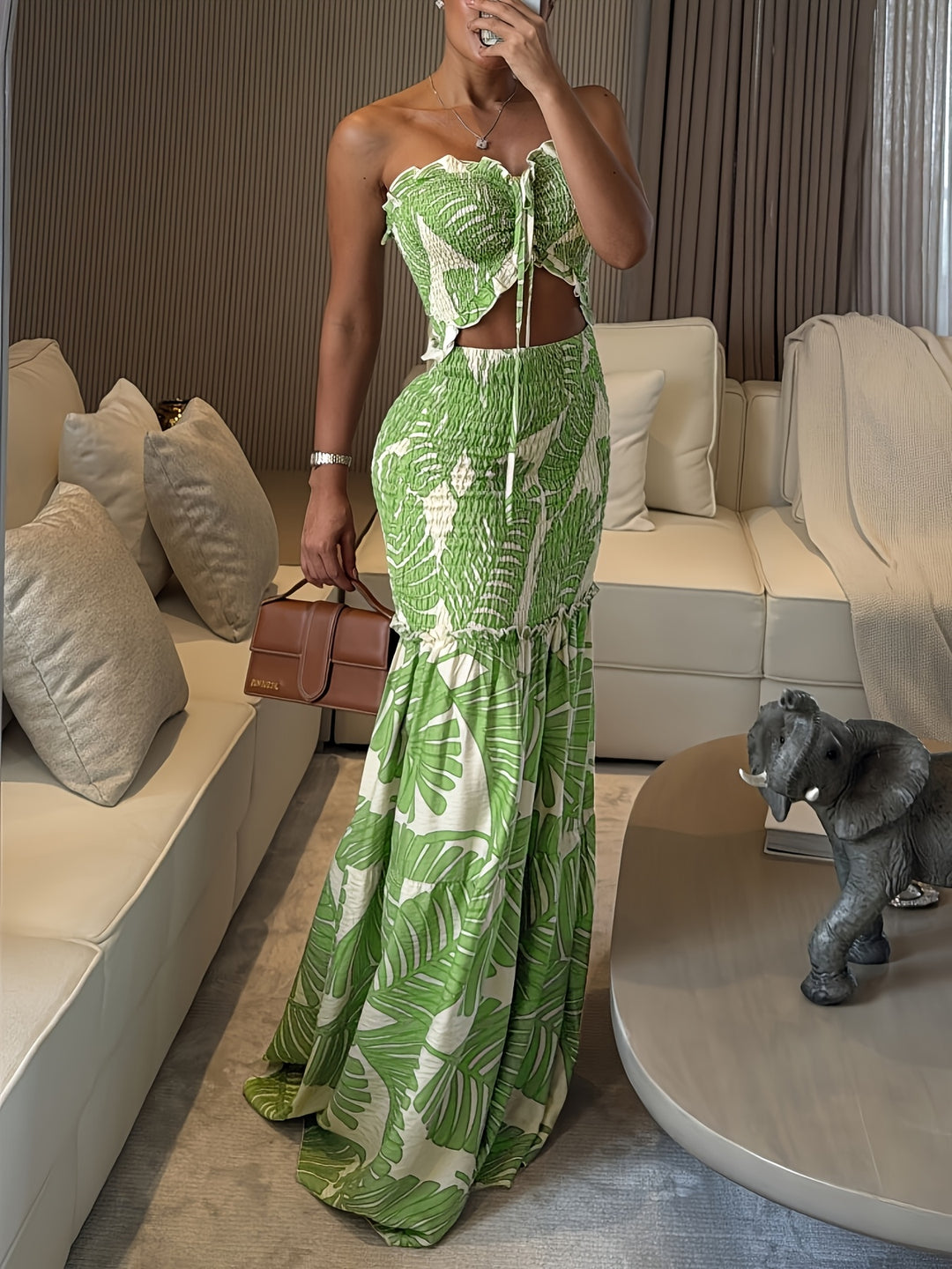 Bohemian Tropical Print Smocked 2 Piece Set