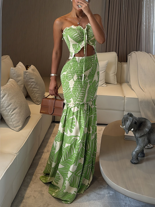 Bohemian Tropical Print Smocked 2 Piece Set