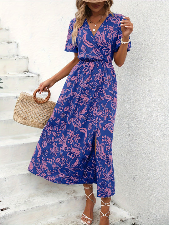 Tropical Print High Slit Maxi Dress