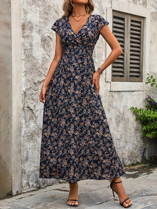 Casual Floral Print Cap Sleeve Maxi Dress