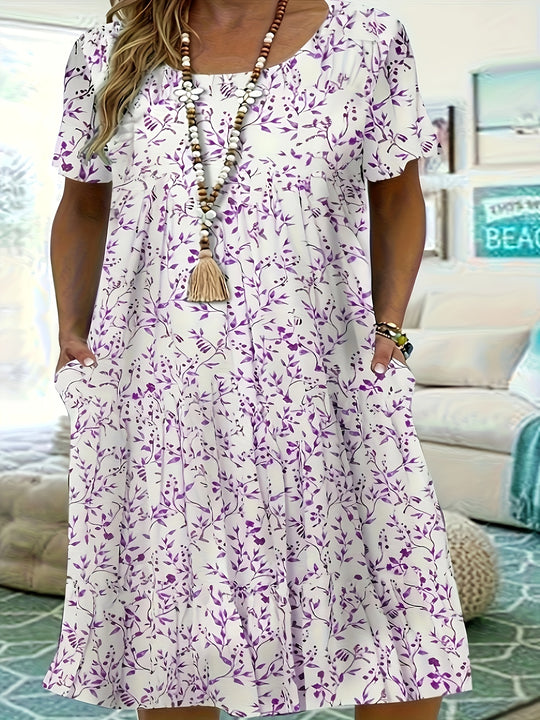 Leaf Pattern Short Sleeve Pocket Casual Dress - Plus Size