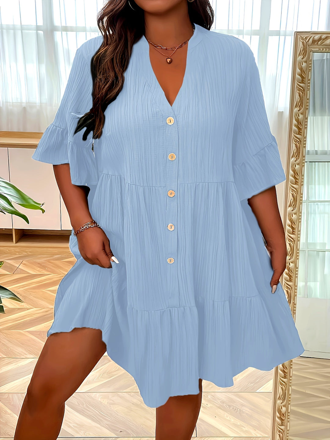 Plus Size Bohemian Summer Button Front Tiered Dress