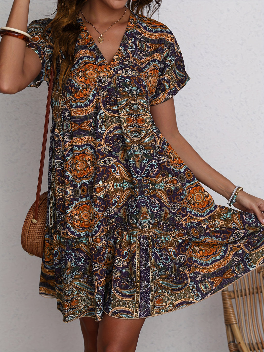 Vintage Print Relaxed Fit Bohemian Dress