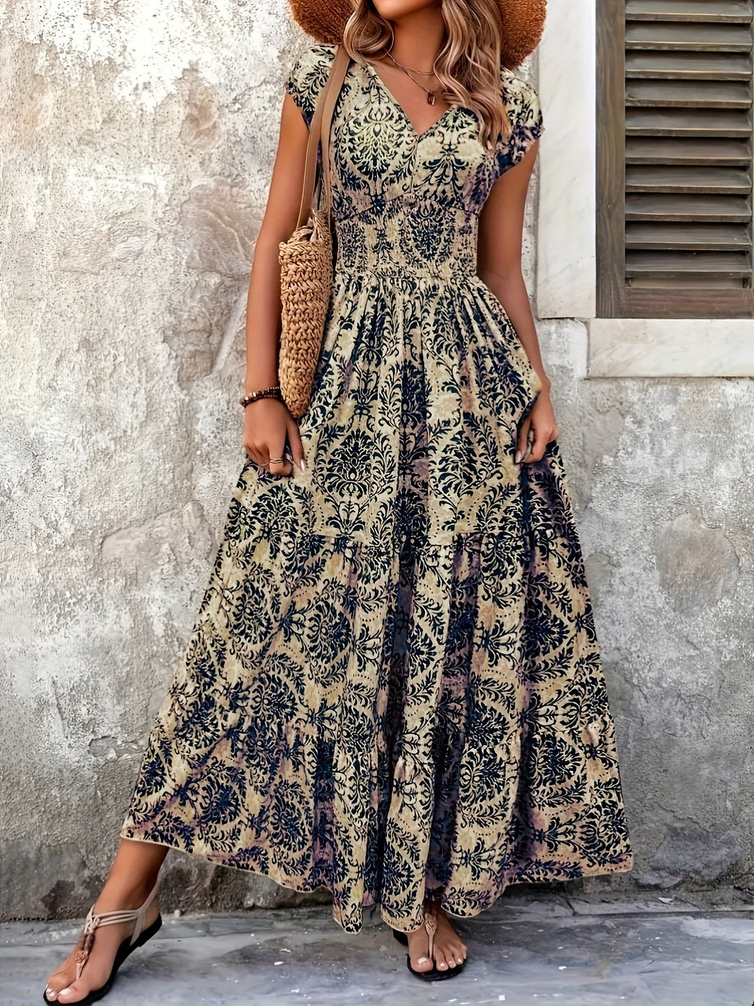Ornate Print Tiered Smocked Boho Summer Dress