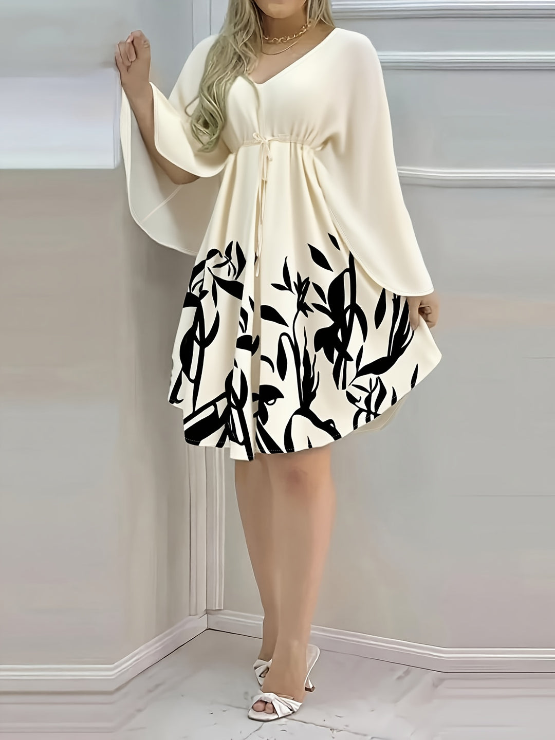 Elegant Cape Sleeve Flowy Mini Dress