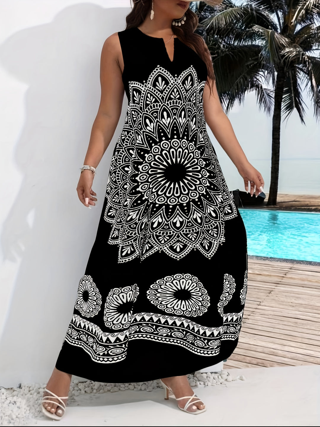 Mandala Print Sleeveless V-Neck Maxi Dress