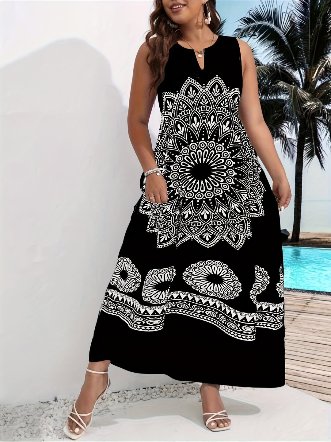 Mandala Print Sleeveless V-Neck Maxi Dress