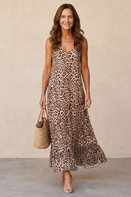 Leopard Print V-Neck Sleeveless Maxi Dress
