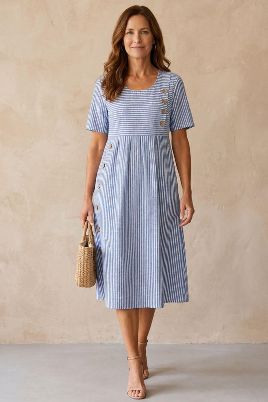 Striped Button Detail Pocket Midi Dress