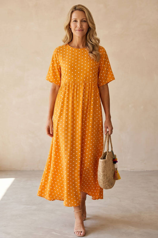 Casual Polka Dot Round Neck Maxi Dress