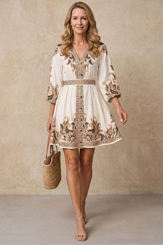 Bohemian Paisley Print Button Mini Dress