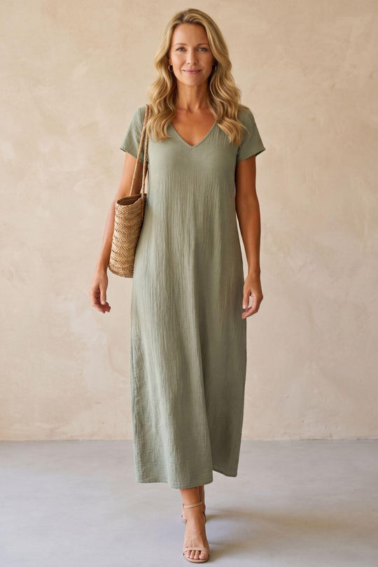 Casual Loose V-Neck Textured Maxi Dress
