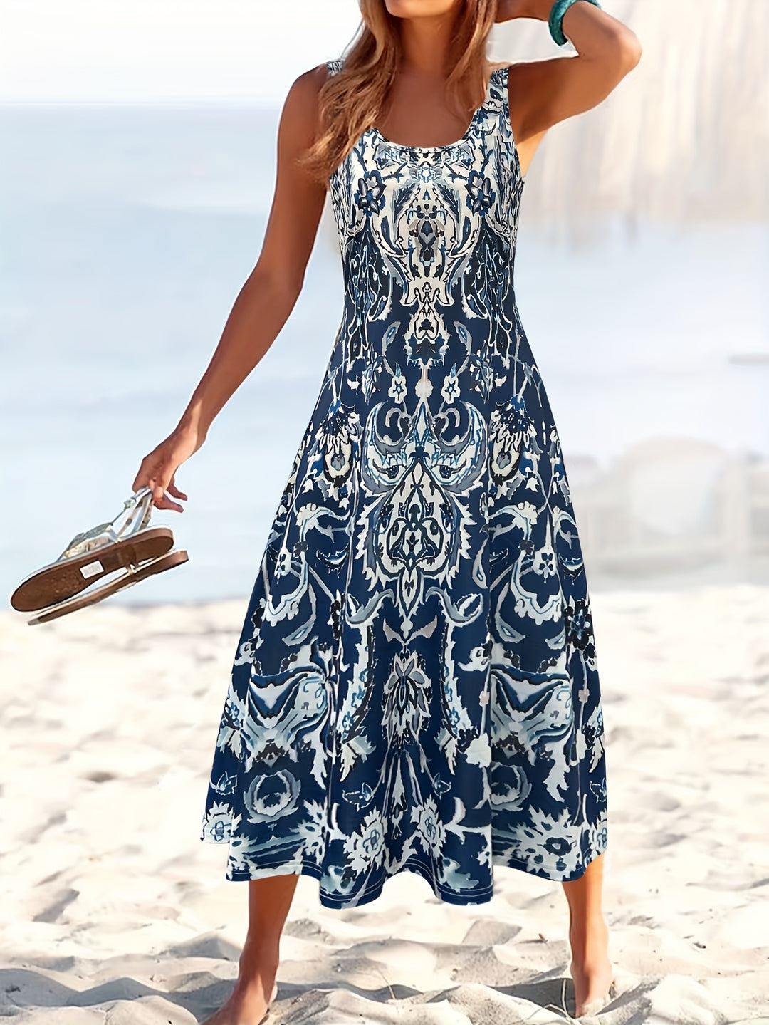 Bohemian Damask Print Sleeveless Summer Dress