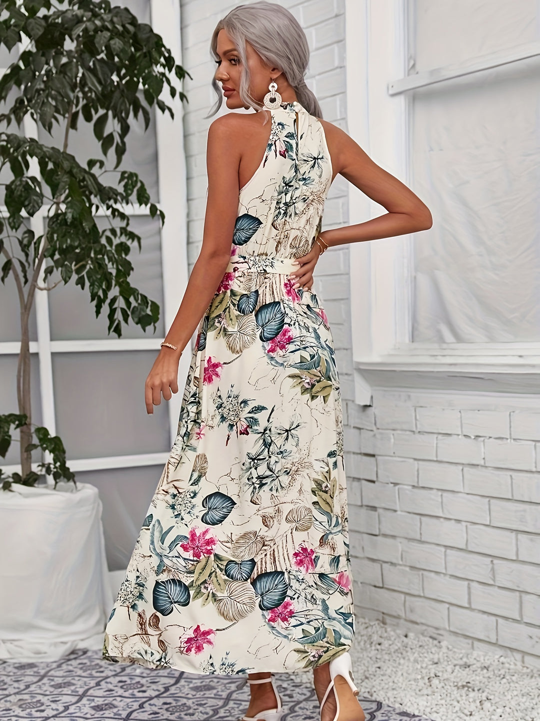 Sleeveless High Neck Floral Midi Bohemian Dress