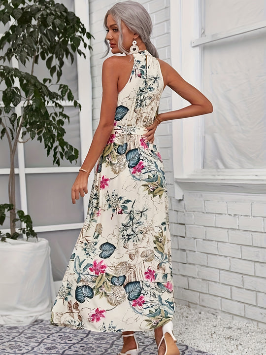 Sleeveless High Neck Floral Midi Bohemian Dress