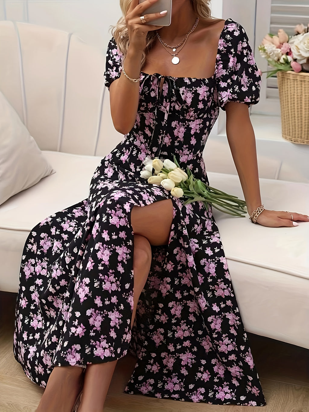 Romantic Floral Puff Sleeve Split Maxi Dress