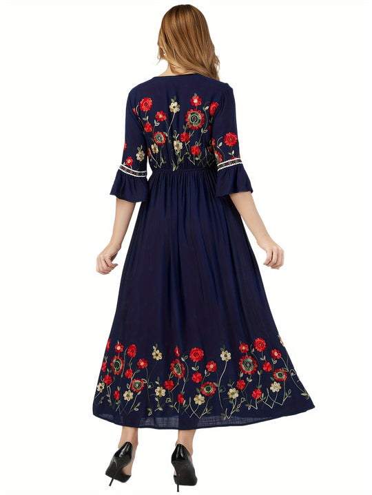 Embroidered Floral Hem Gathered Maxi Dress