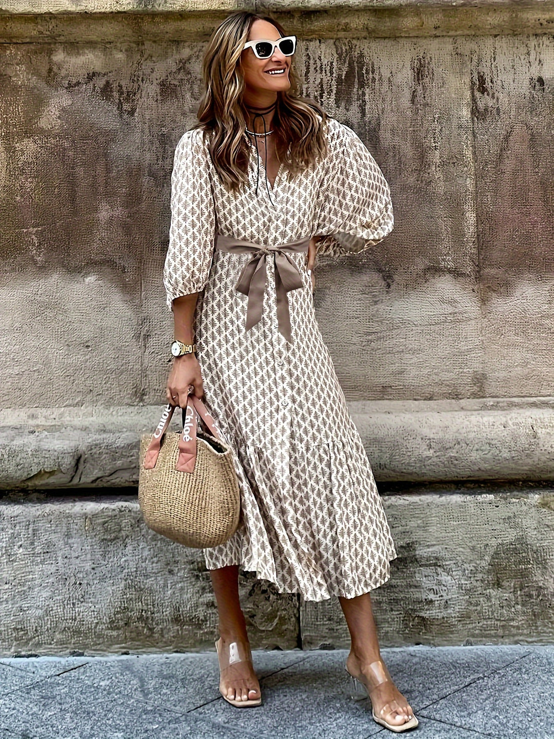 Casual Geometric Print Tie Waist Maxi