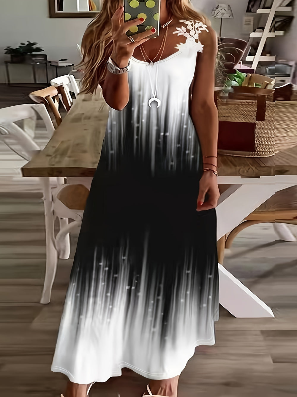 Ombre Floral Lace Strap Maxi Bohemian Dress