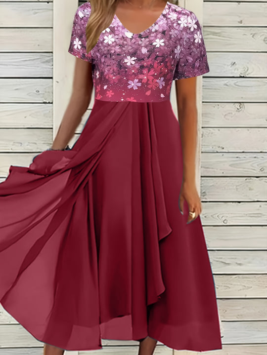 Elegant V-Neck Floral Bodice Maxi Dress